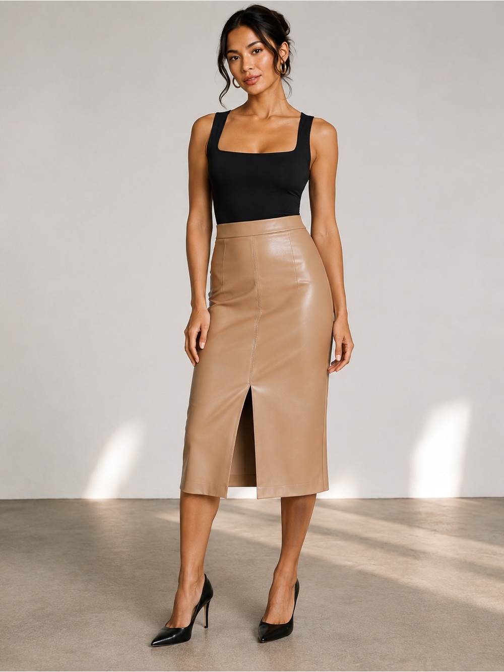 RW&CO Camel Faux Leather Midi Pencil Skirt Size 8